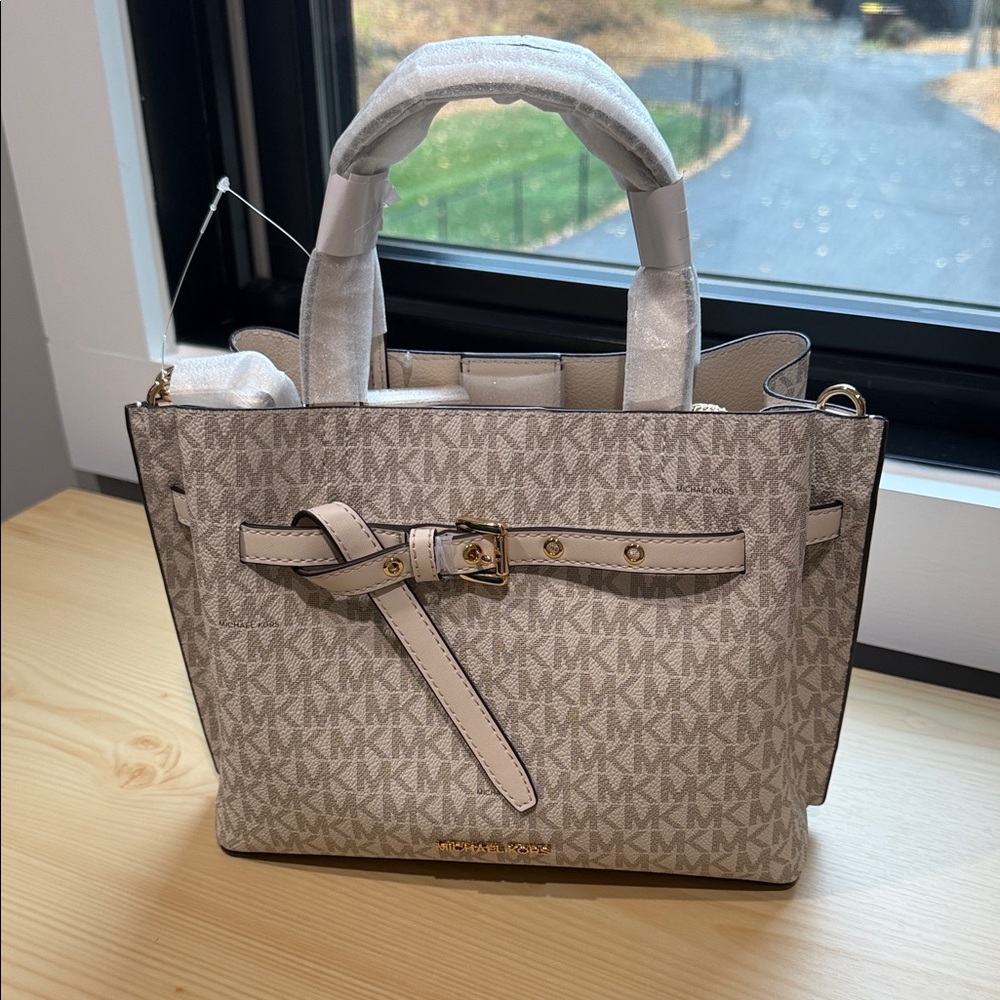 New! Michael Kors Cream Monogram Emilia Small Pebbled Leather Satchel.
